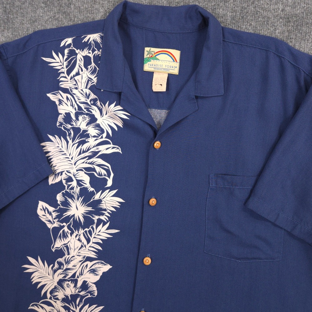 Vintage Paradise Found Camp Shirt Mens XL Blue Hawaiian Floral Rayon Resort